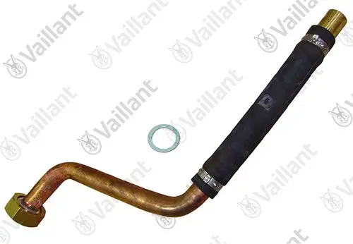 Vaillant Rohr mit einer gekrümmten Form und einem gummierten Abschnitt. Blenden und Dichtungsring sind sichtbar.